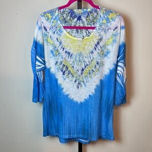 Reba Blue and White 3/4 Sleeve Tunic Size L Tie Dye Sparkle Lightweight Pullover